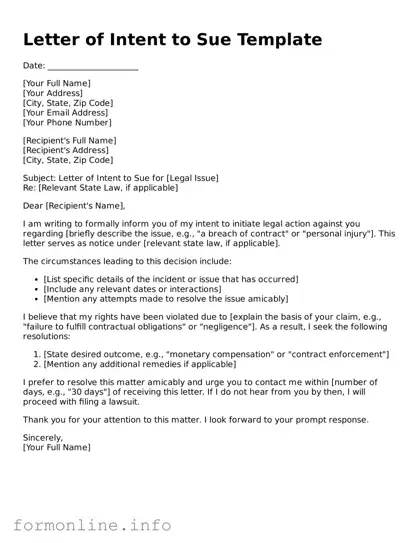 Printable Letter of Intent to Sue Form