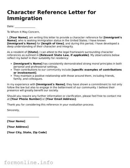 Printable Character Reference Letter for Immigration Form