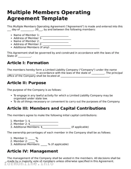 Printable Multiple Members Operating Agreement Form