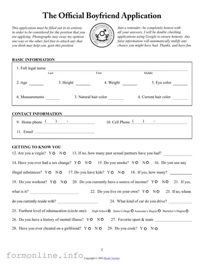 Fill Out a Valid Boyfriend application form Form