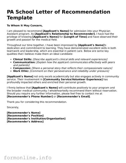 Printable PA School Letter of Recommendation Form
