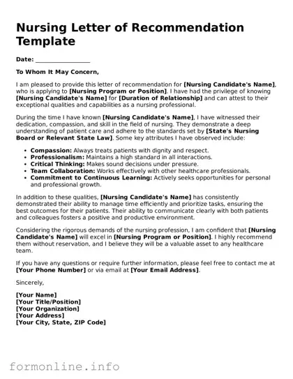 Printable Nursing Letter of Recommendation Form