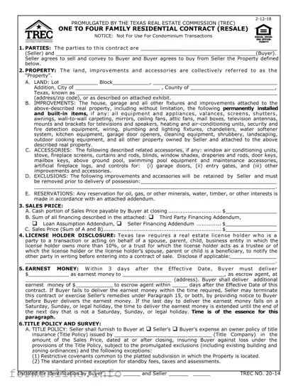 Fill Out a Valid TREC One to four family residential contract Form