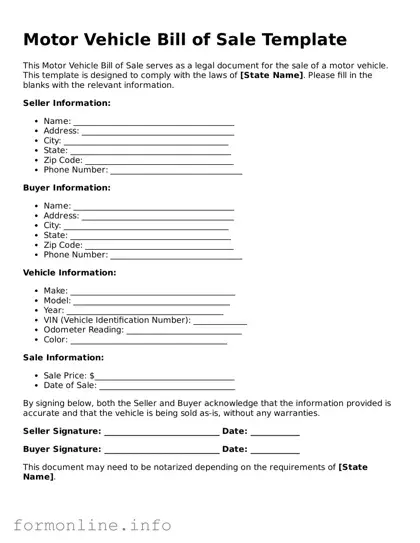 Printable Motor Vehicle Bill of Sale Form
