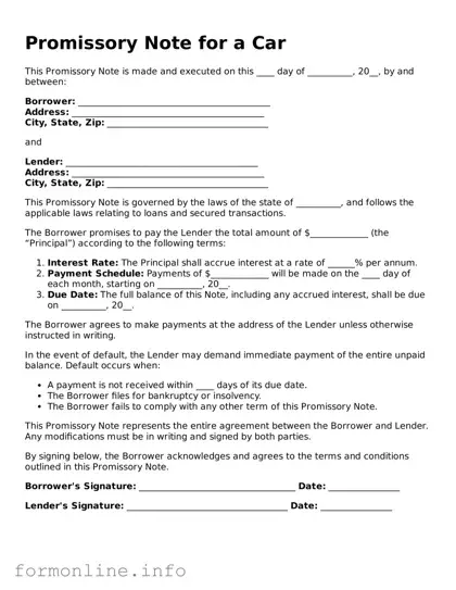 Printable Promissory Note for a Car Form