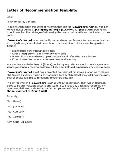 Printable Letter of Recommendation for Coworker Form