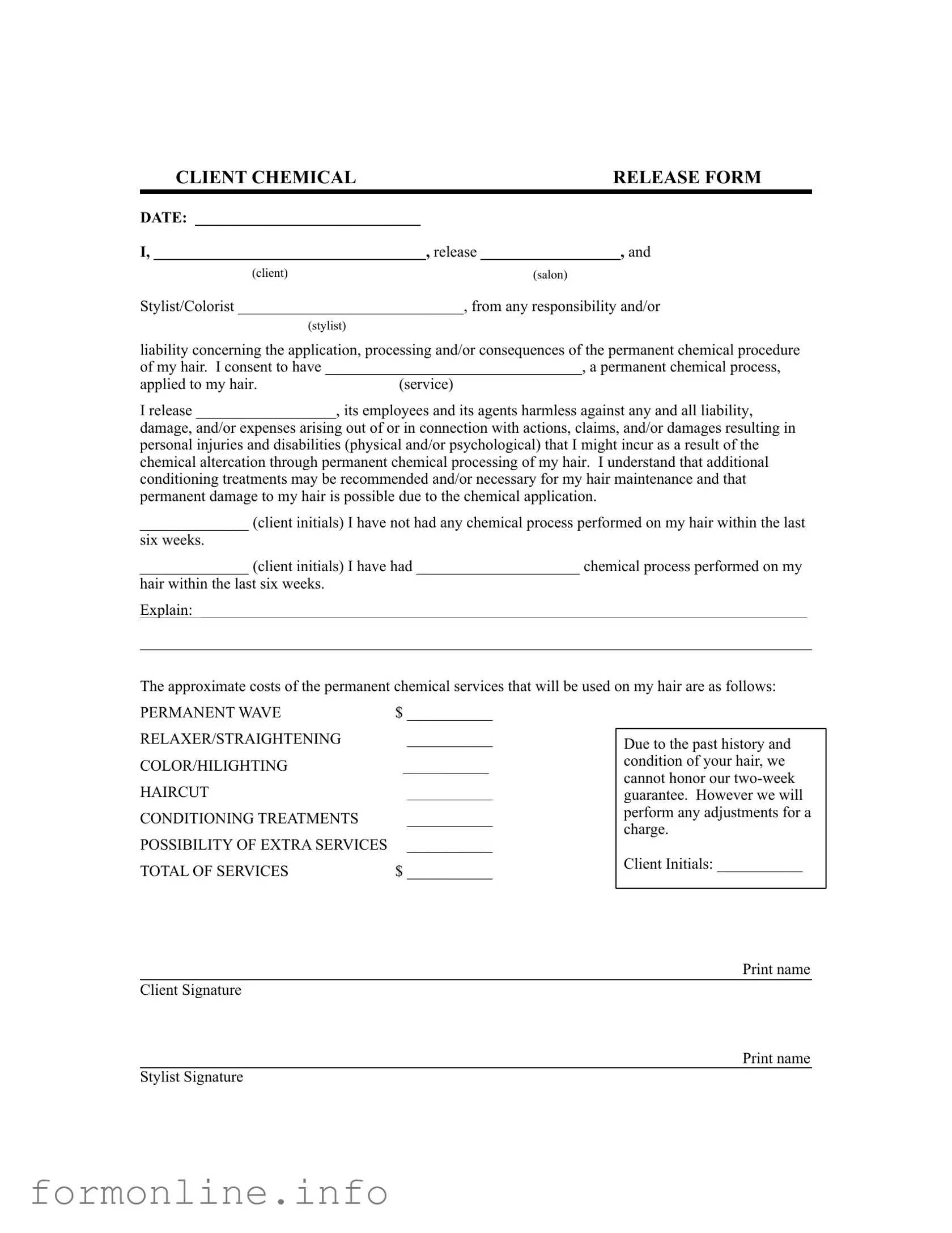 Fill Out a Valid Salon Chemical Waiver Form