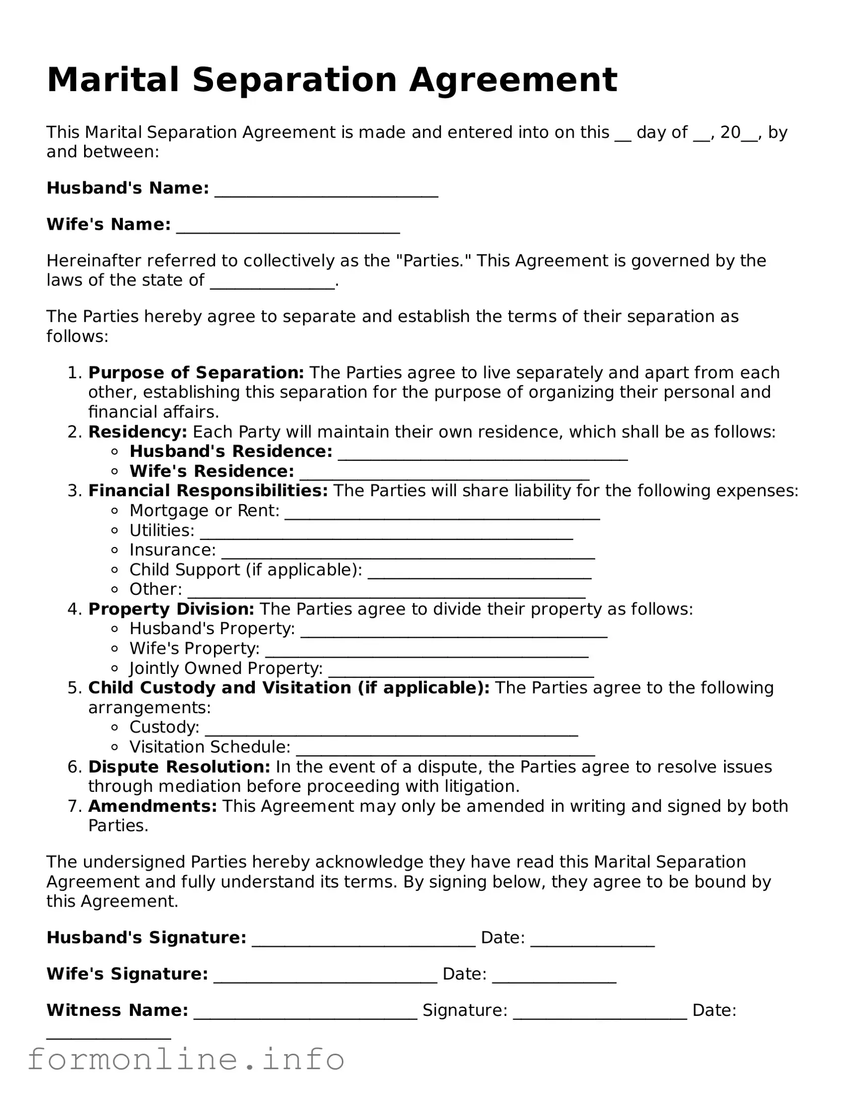 Printable Marital Separation Agreement Form