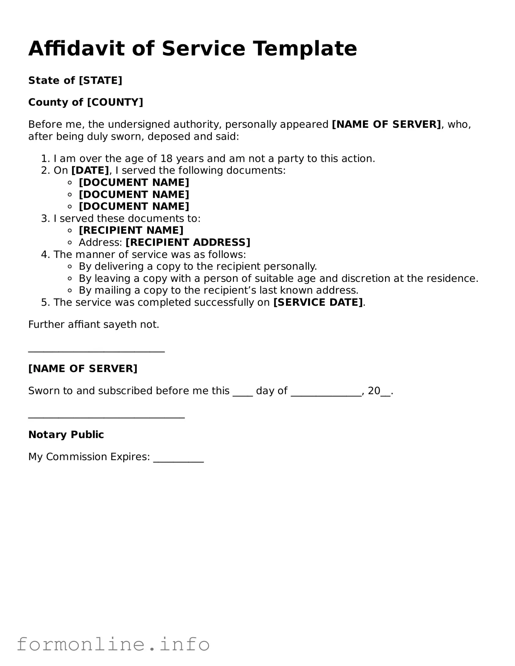 Printable Affidavit of Service Form