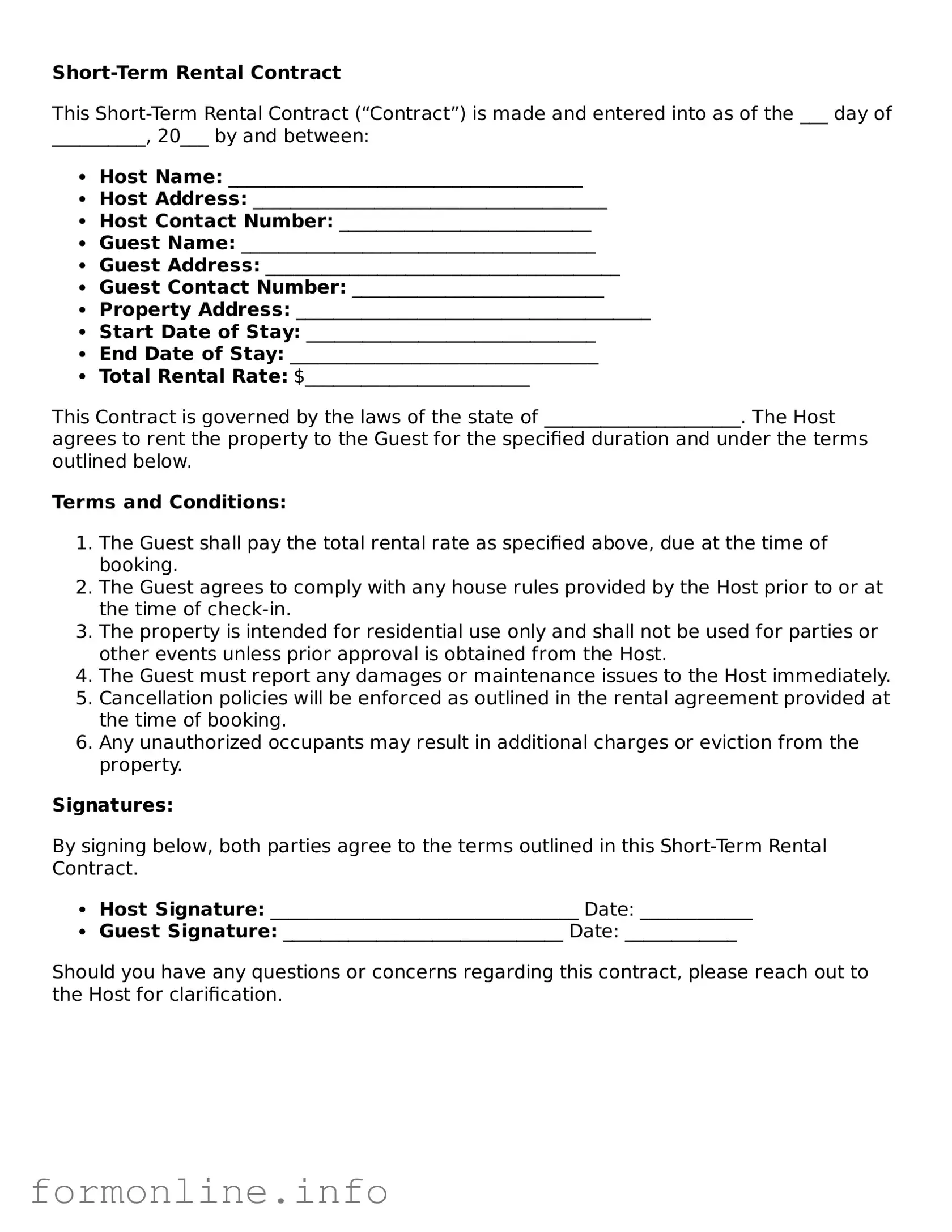 Printable Short-Term Rental Contract Form