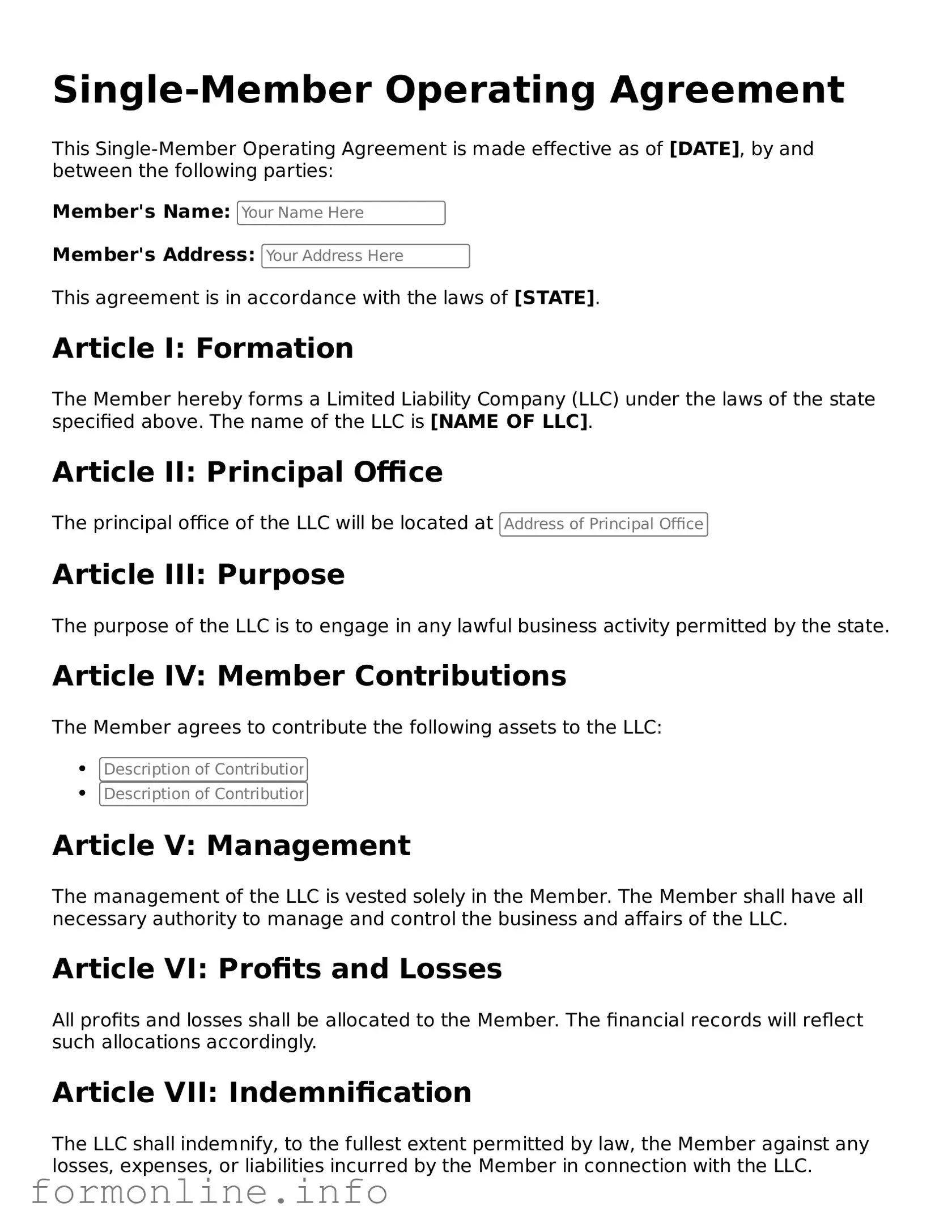 Printable Single-Member Operating Agreement Form