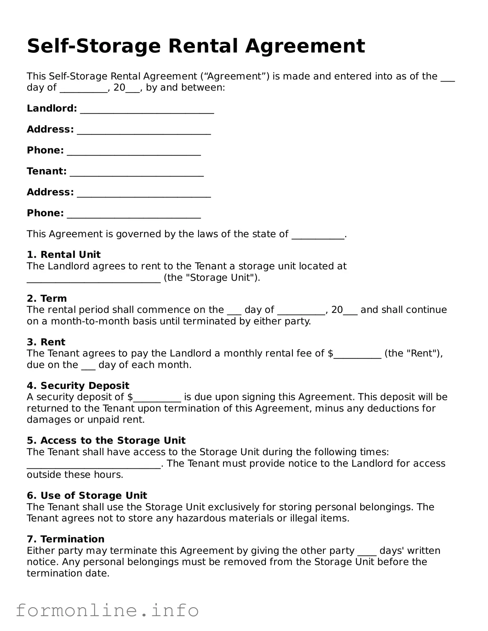 Printable Self-Storage Rental Agreement Form
