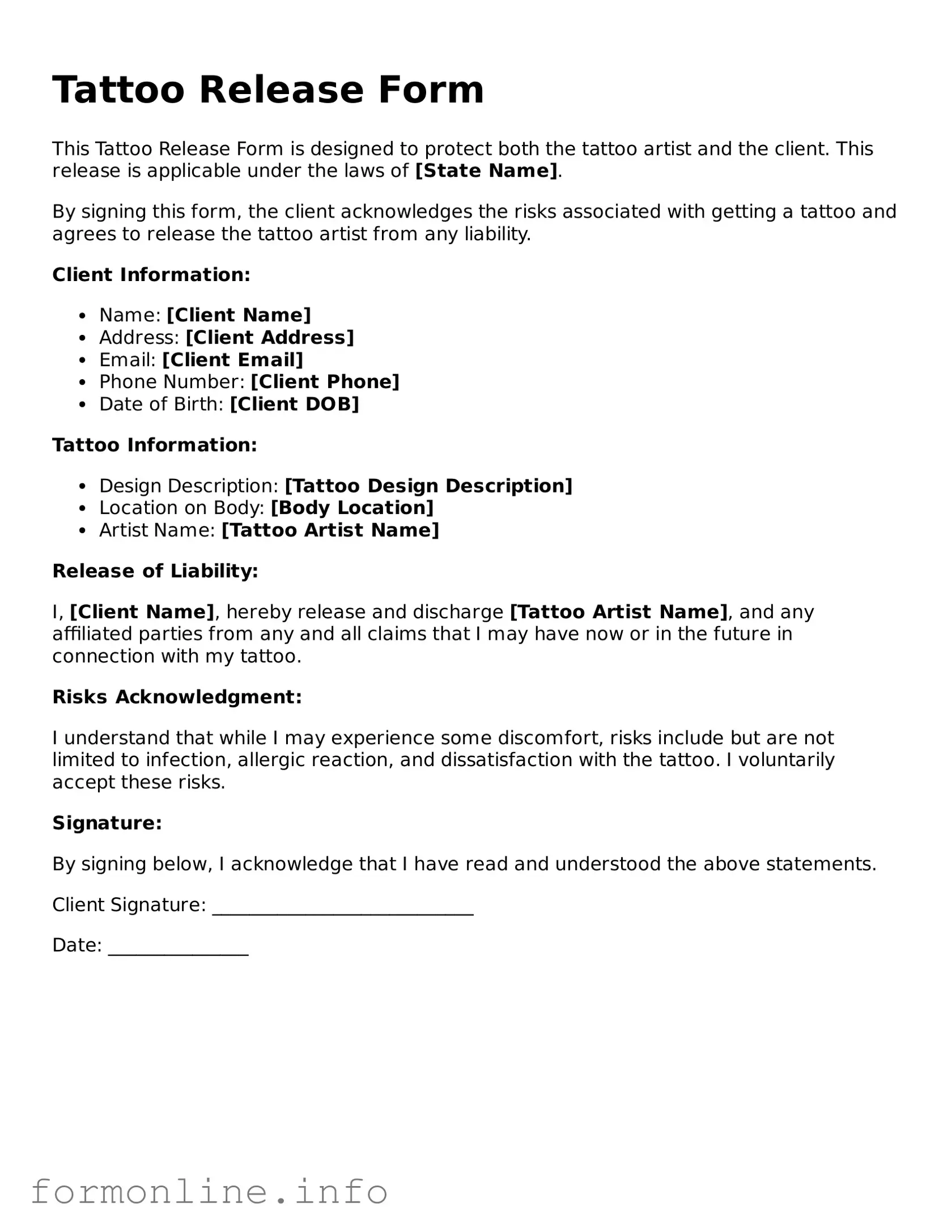 Printable Tattoo Release Form