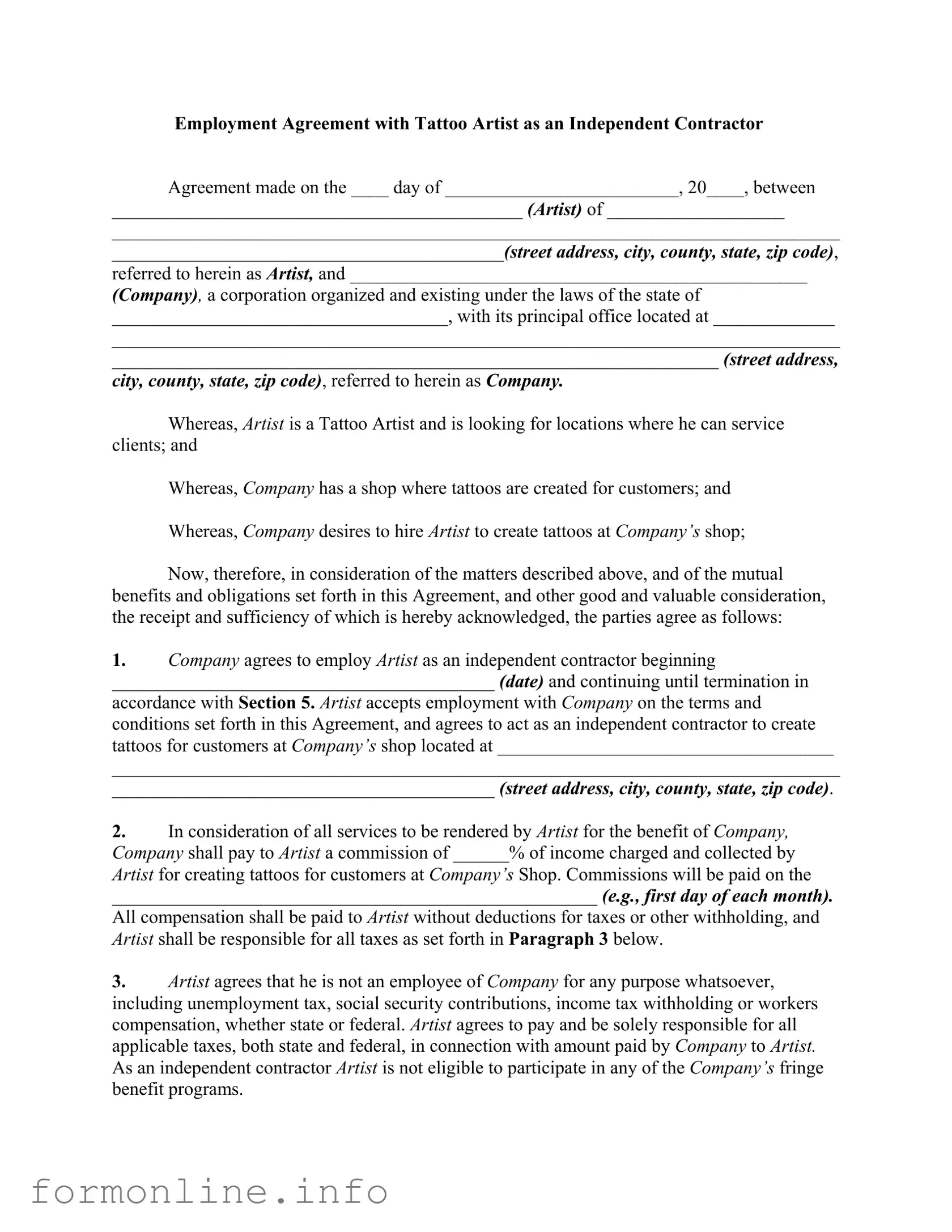 Fill Out a Valid Tattoo Shop Artist Agreement Form