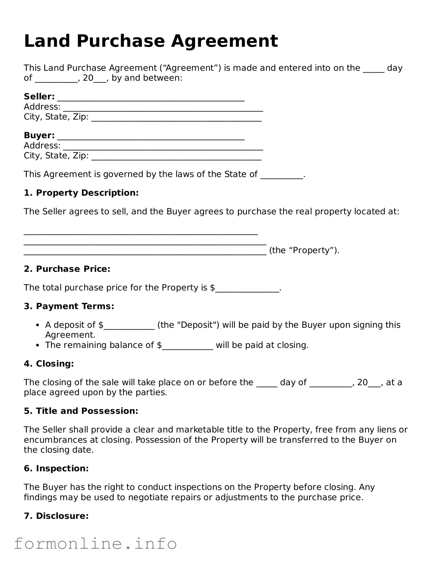 Printable Land Purchase Agreement Form