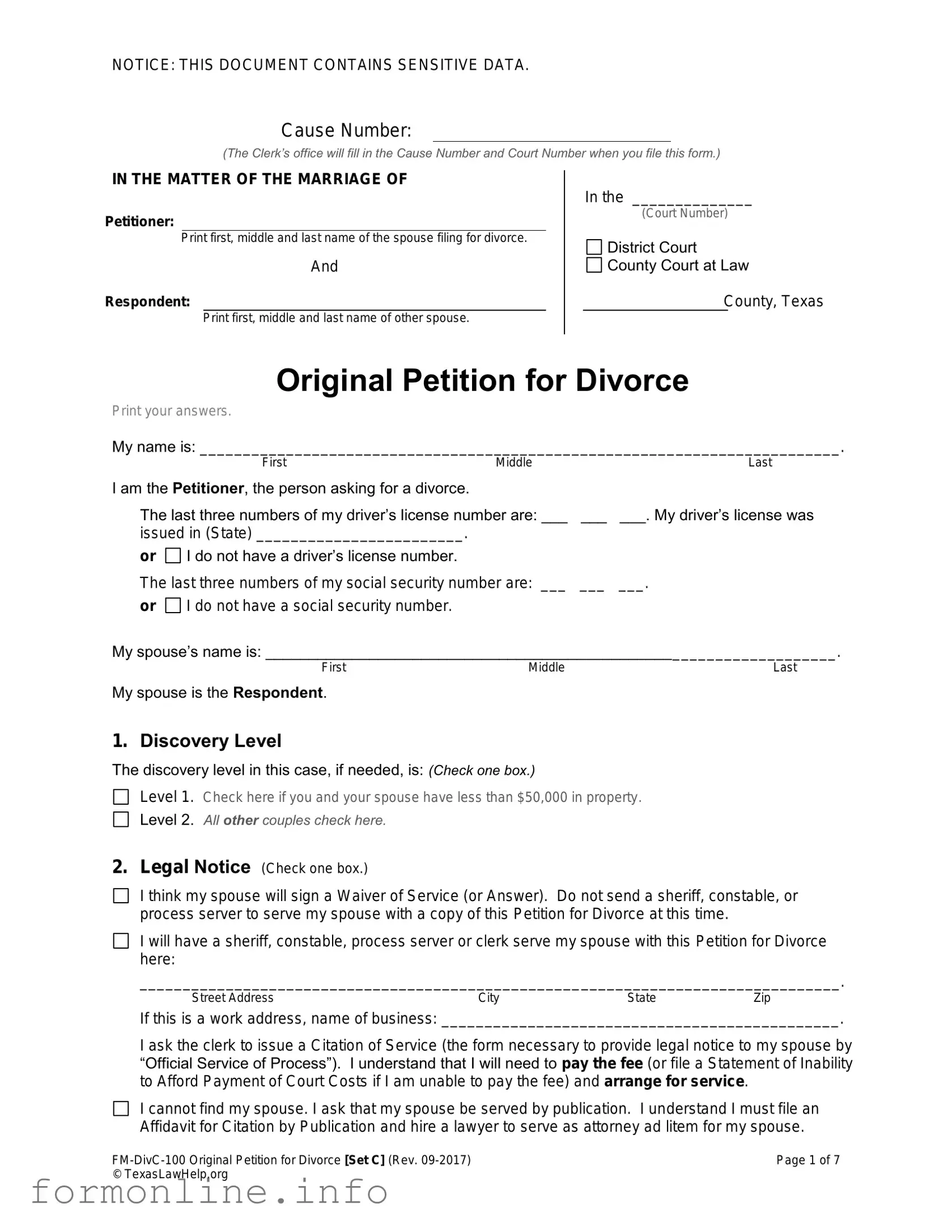 Fill Out a Valid Texas Law Help FM-DivC-100 Original Petition for Divorce Set C Form