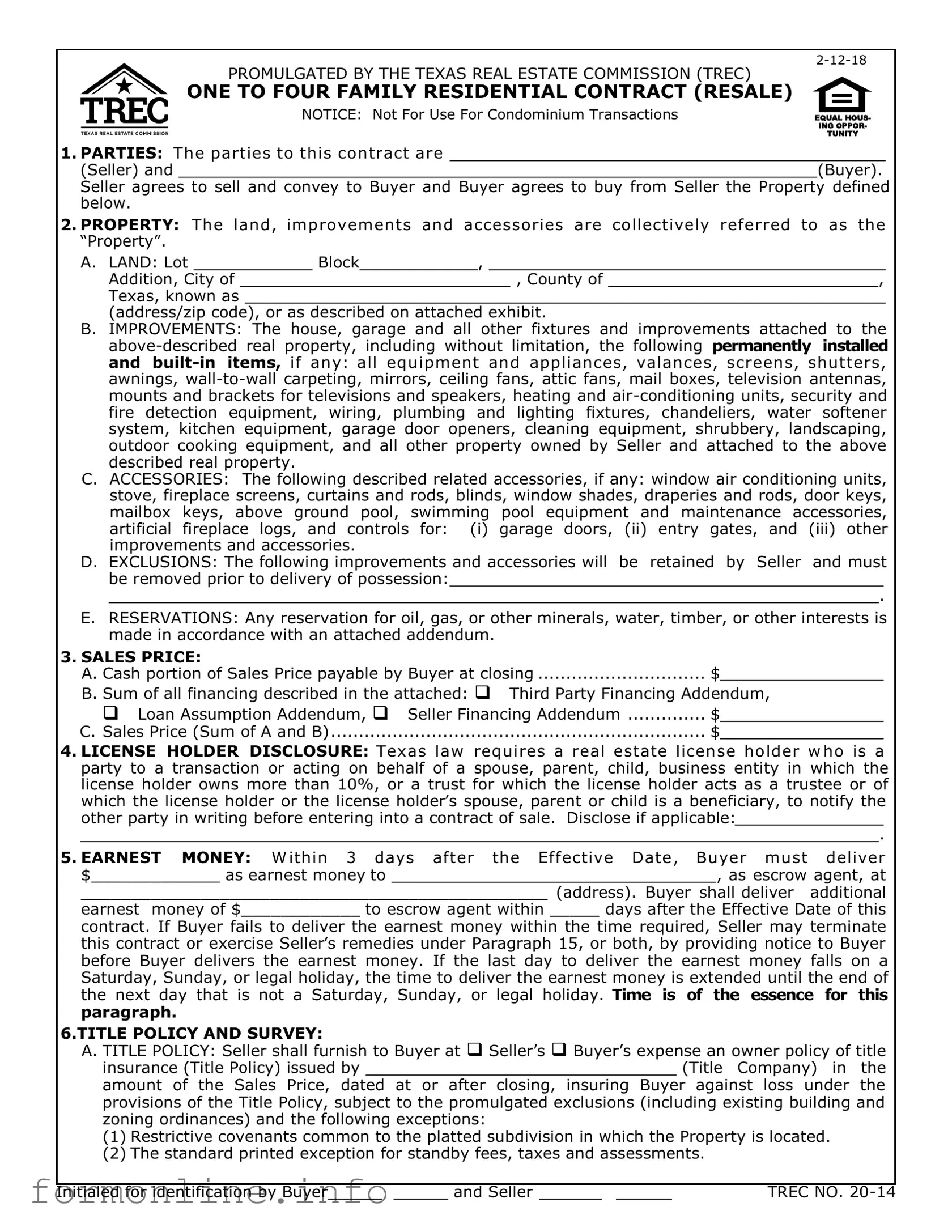 Fill Out a Valid TREC One to four family residential contract Form