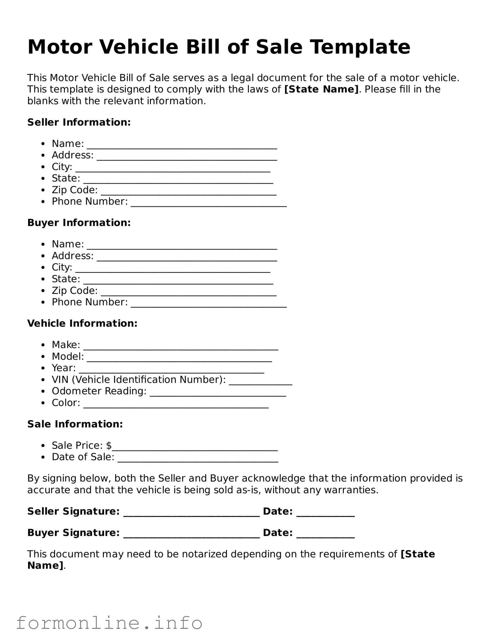 Printable Motor Vehicle Bill of Sale Form