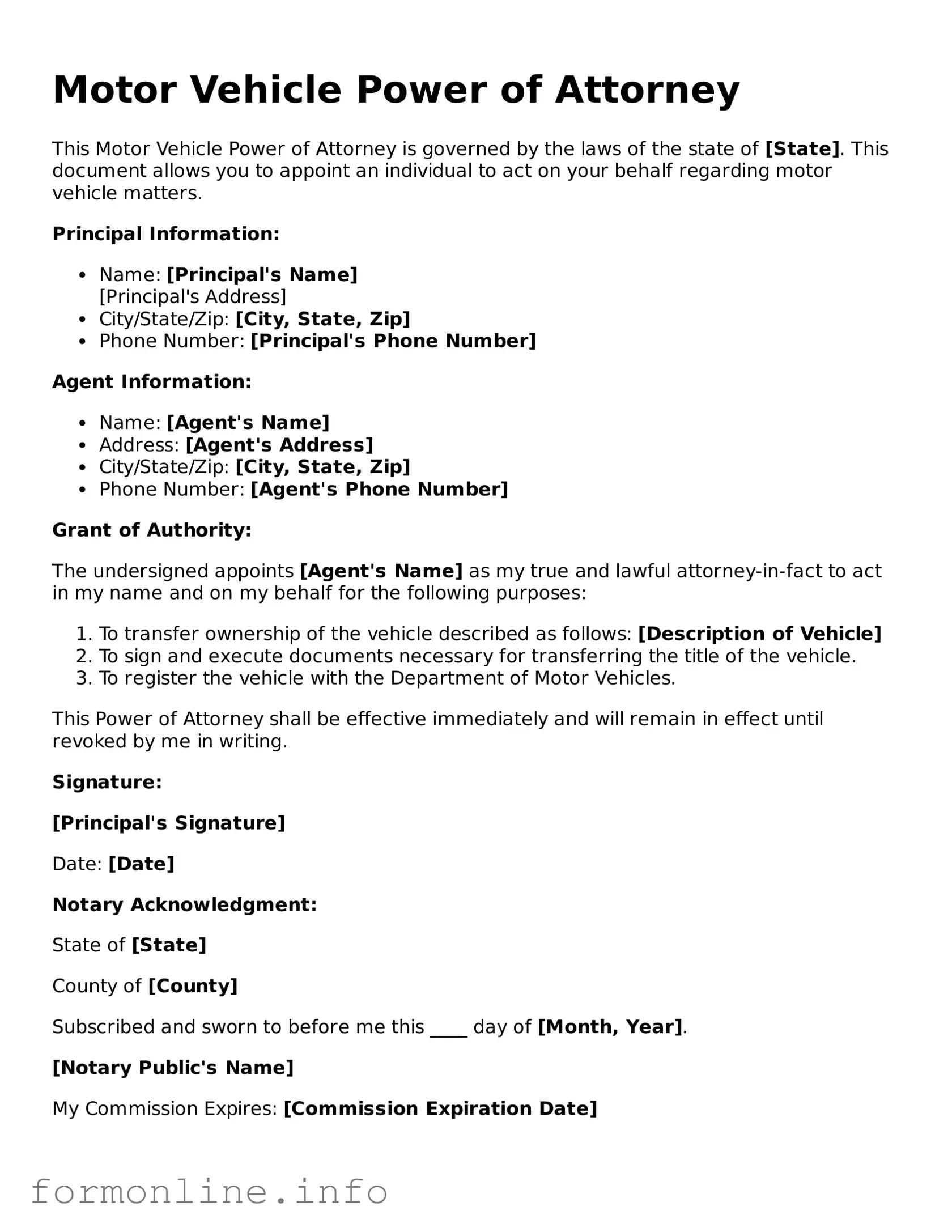 Printable Motor Vehicle Power of Attorney Form