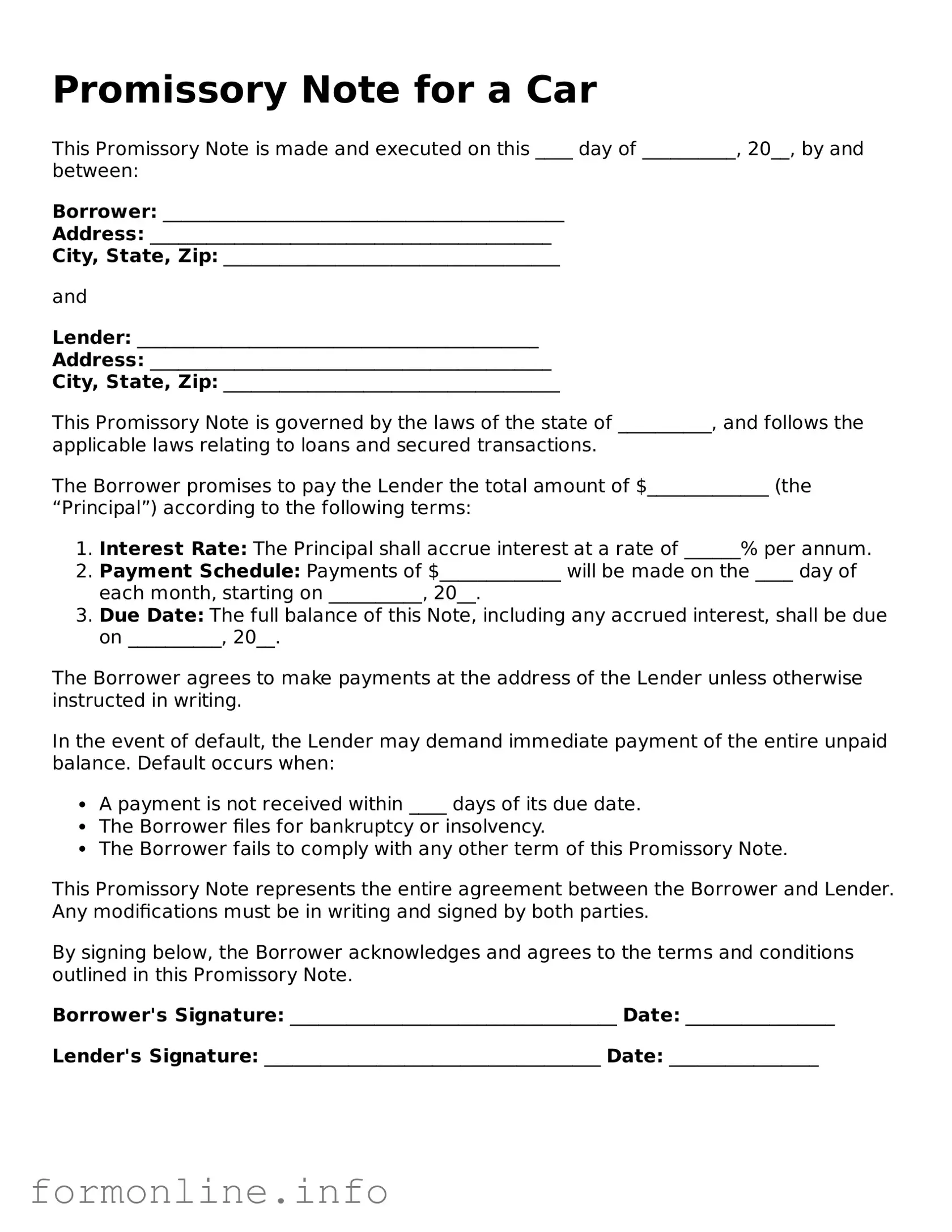 Printable Promissory Note for a Car Form