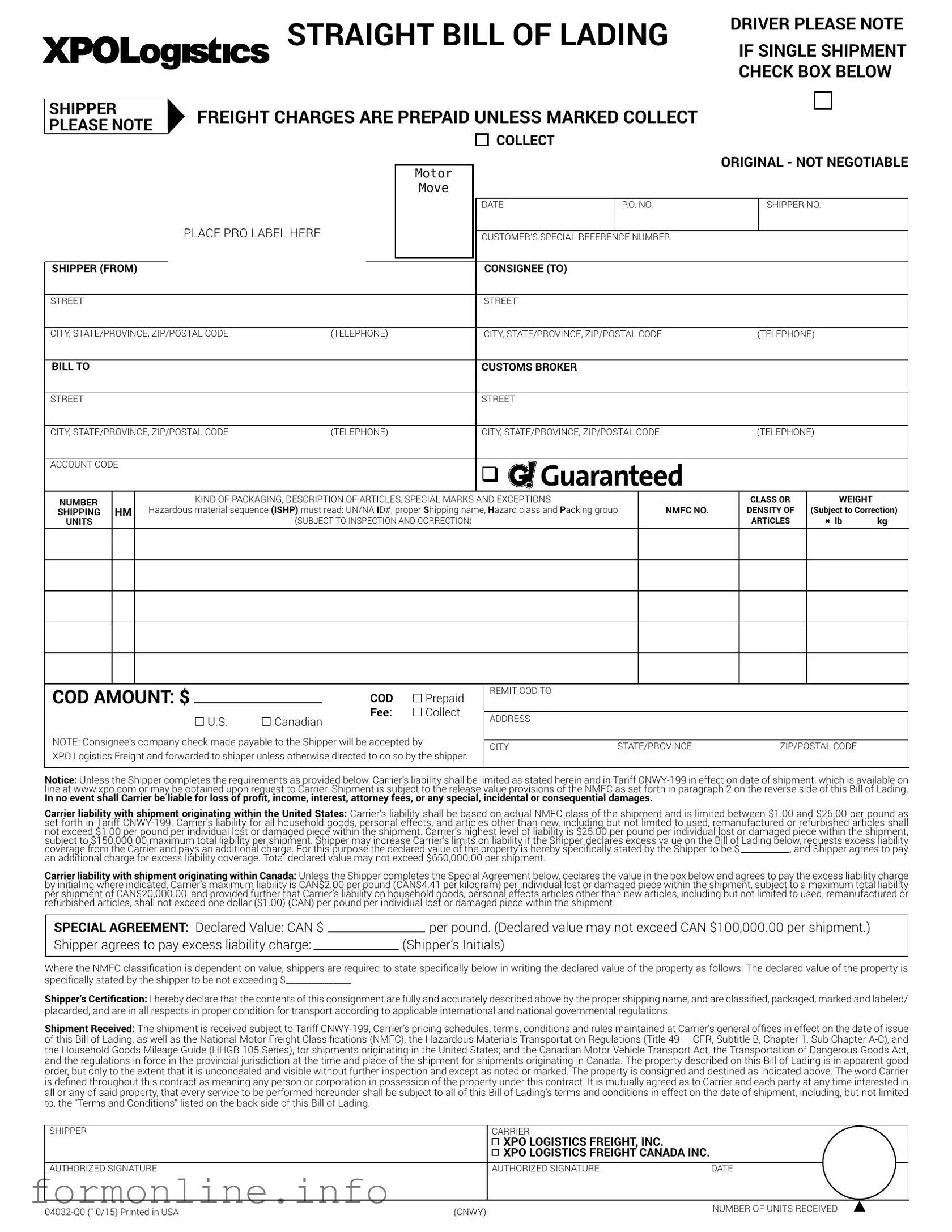 Fill Out a Valid Xpo Logistics Bill Of Lading Form